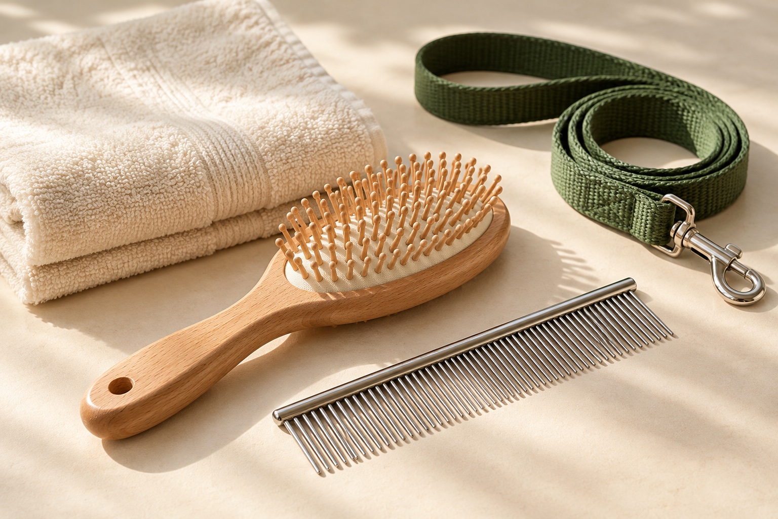 Illustrative arrangement of a brush, comb, towel and leash